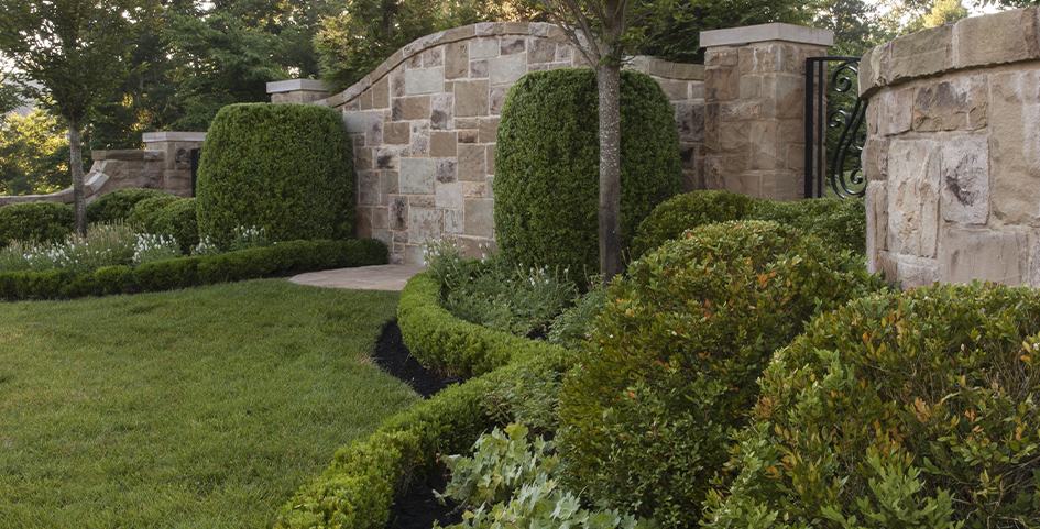 Front yard Landscaping with Bushes, Flowers, and Trees with a Stone Wall