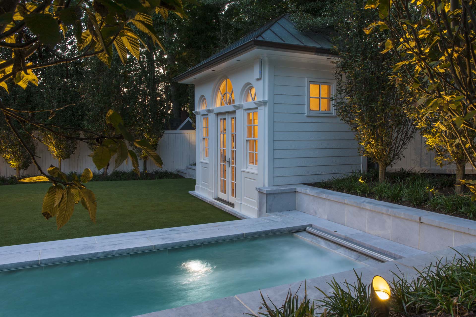 Backyard with Pool, Pool House and Trees