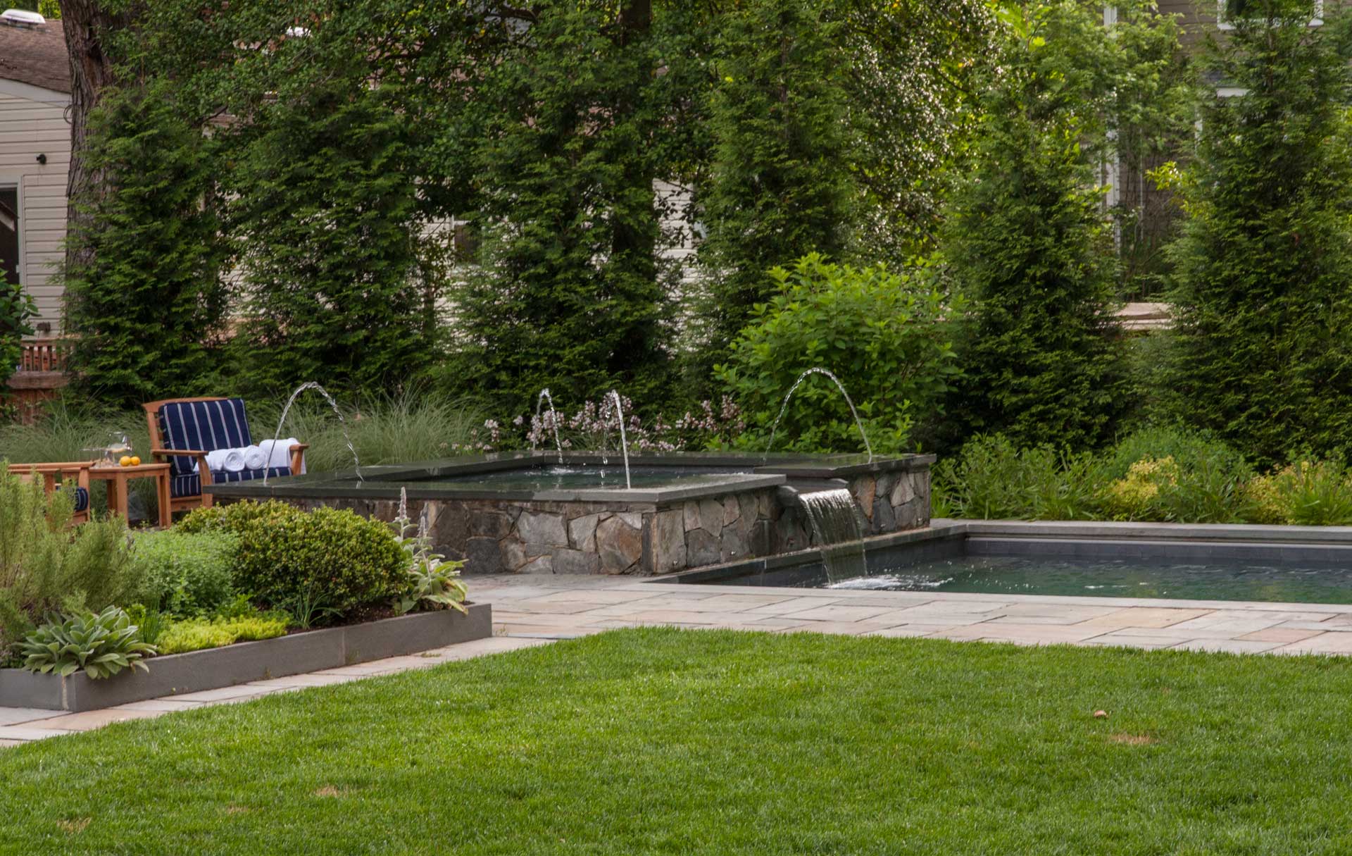 Pool in Backyard with Water Features and Yard