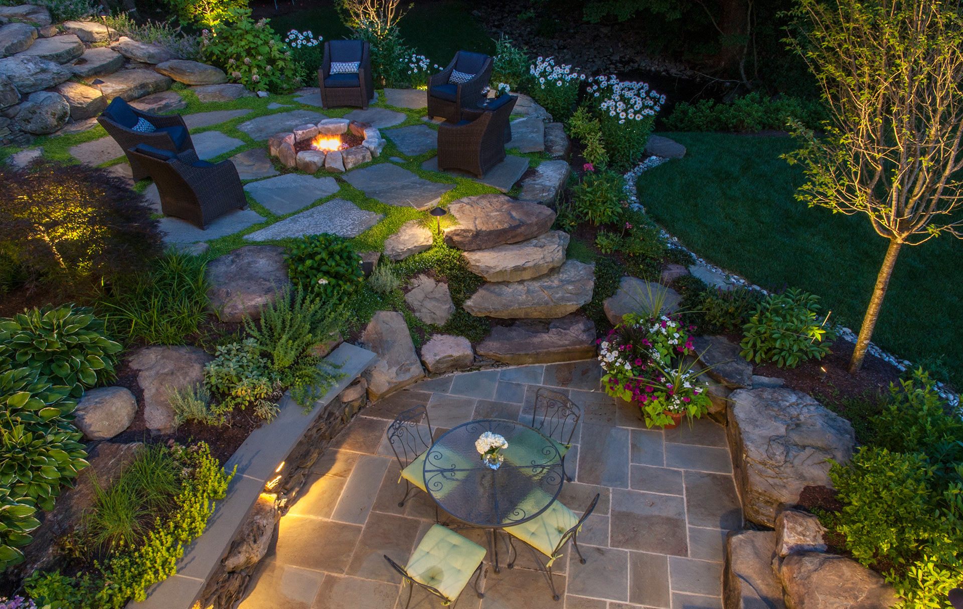 Outdoor landscape lighting around stone path