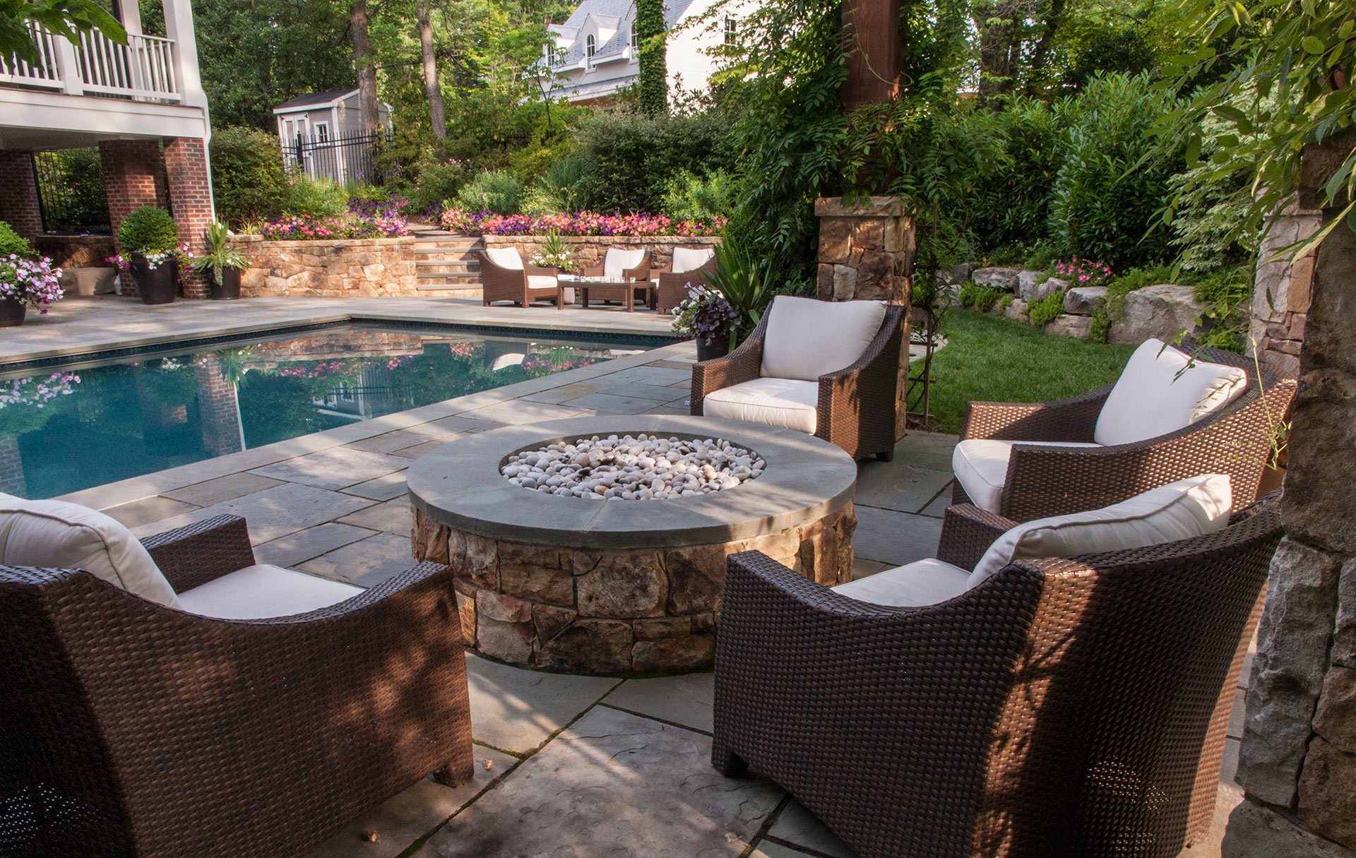 Patio in backyard with Outdoor Furniture, Fire Place, Outdoor Furniture, Pool, and Landscaping