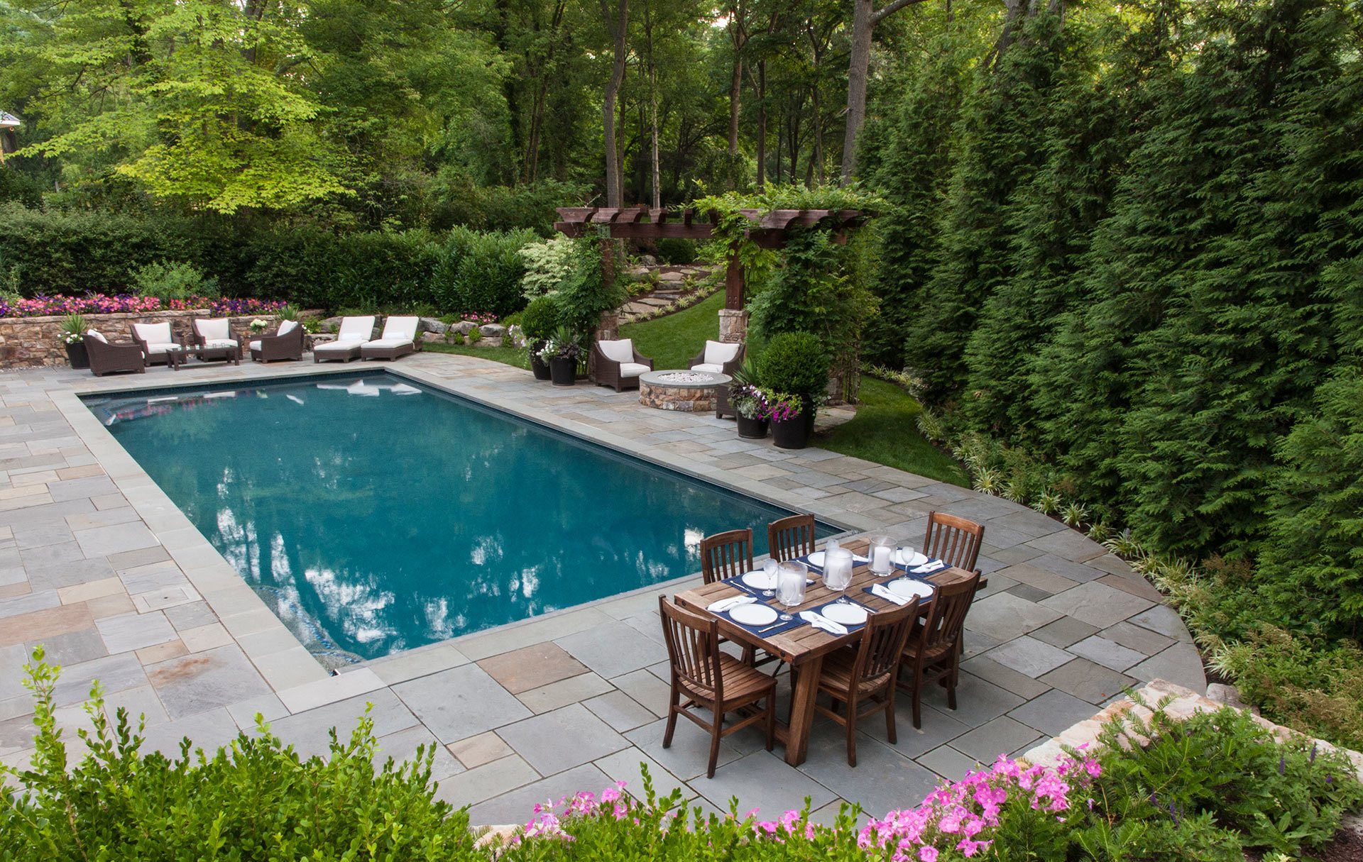 Pool in Backyard with Outdoor Furniture, Fire Place, Outdoor Furniture, and Landscaping
