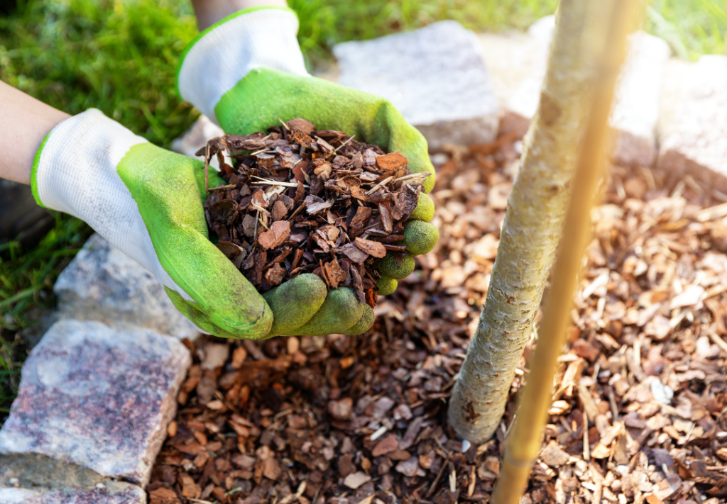 Hands with light green gloves holding mulch and placing it in plant bed.