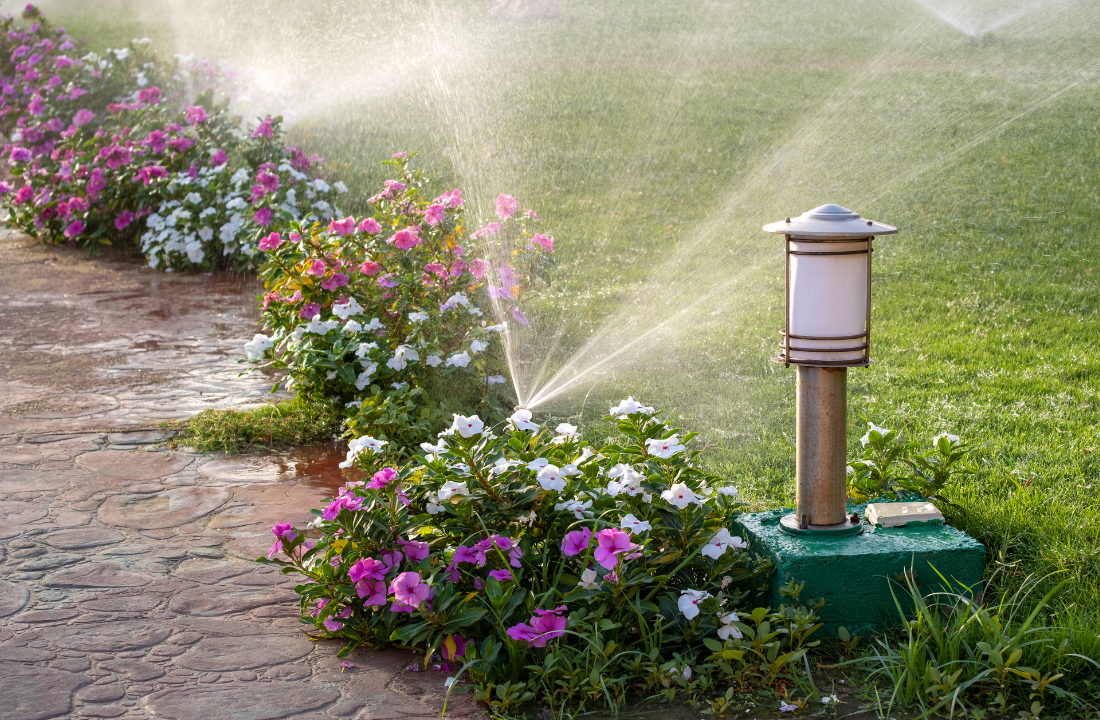 Sprinklers watering green grass and surrounding flowers